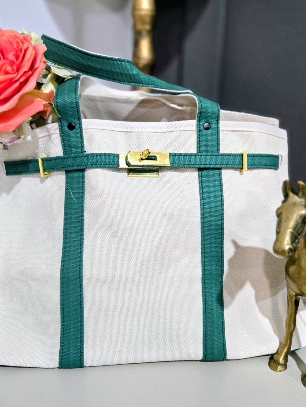 Stylish Canvas Boat Tote - Cream & Forest Green, NEW - Picture 2 of 11